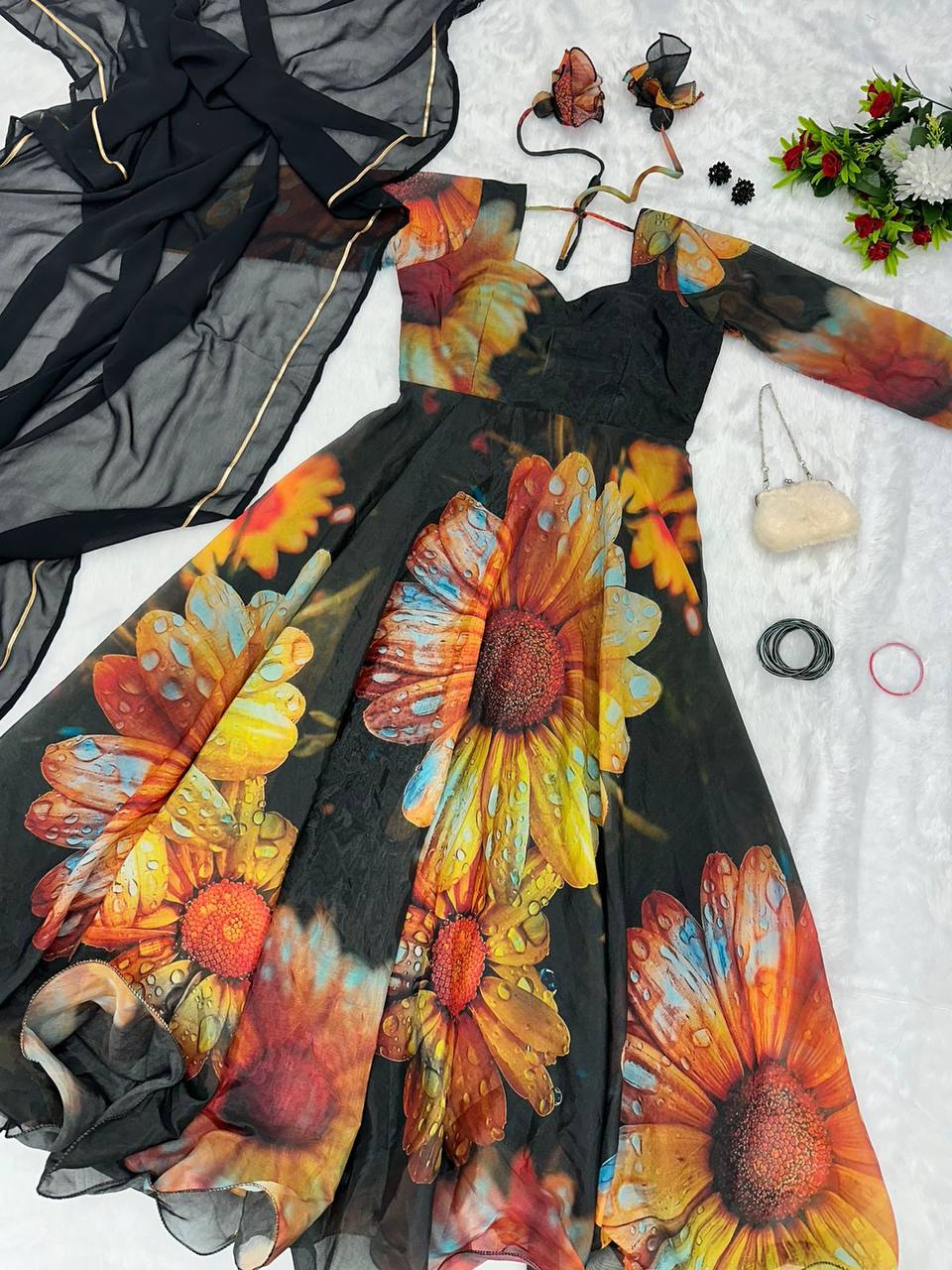 Beguiling Black Organza Silk Digital Printed Fully Stitched Gown With Dupatta - INDIAN ELEGANCE