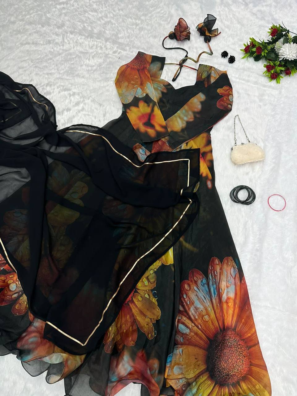 Beguiling Black Organza Silk Digital Printed Fully Stitched Gown With Dupatta - INDIAN ELEGANCE