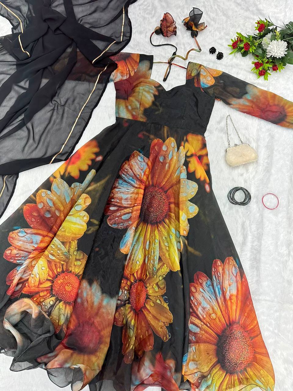 Beguiling Black Organza Silk Digital Printed Fully Stitched Gown With Dupatta - INDIAN ELEGANCE