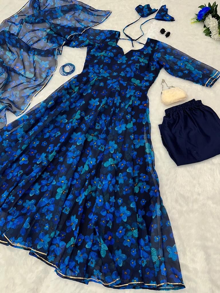 Gorgeous Blue Georgette Silk Floral Anarkali Pant Suit - INDIAN ELEGANCE