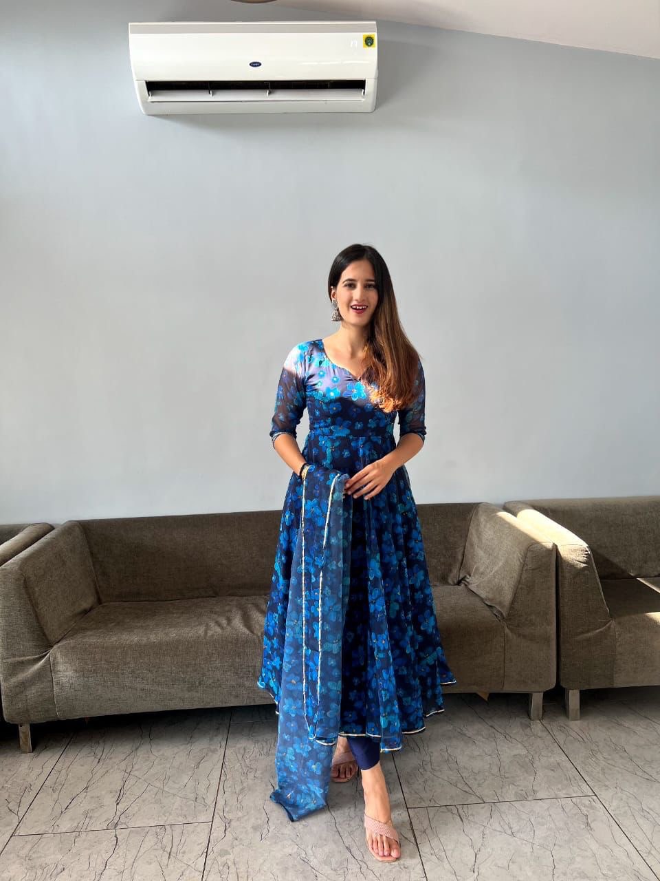 Gorgeous Blue Georgette Silk Floral Anarkali Pant Suit - INDIAN ELEGANCE