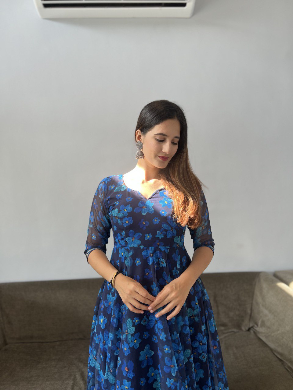 Gorgeous Blue Georgette Silk Floral Anarkali Pant Suit - INDIAN ELEGANCE