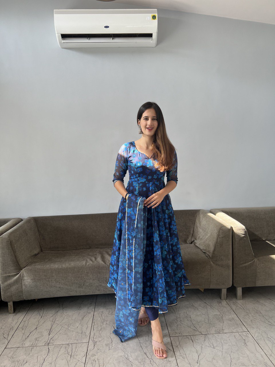 Gorgeous Blue Georgette Silk Floral Anarkali Pant Suit - INDIAN ELEGANCE