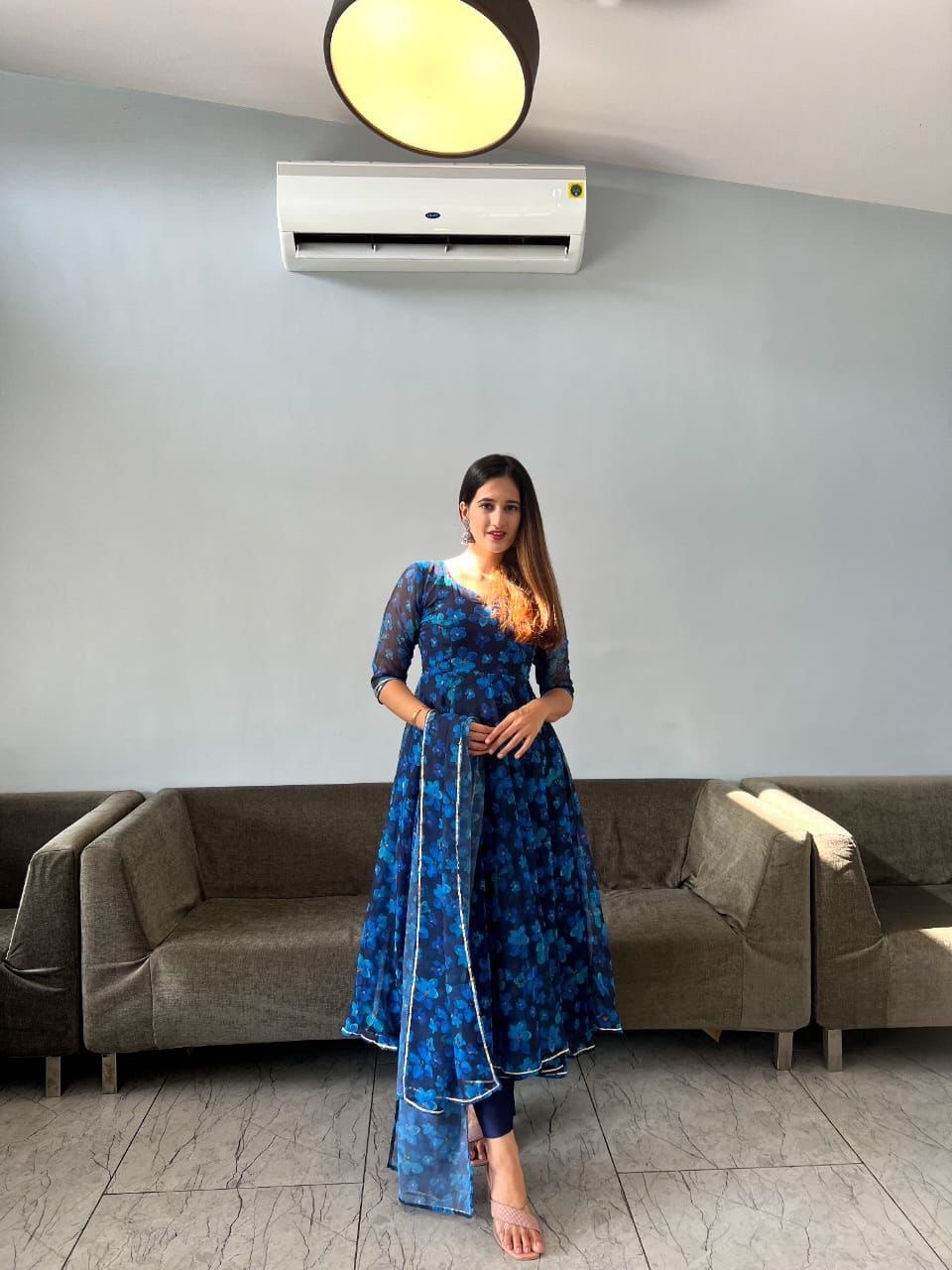 Gorgeous Blue Georgette Silk Floral Anarkali Pant Suit - INDIAN ELEGANCE