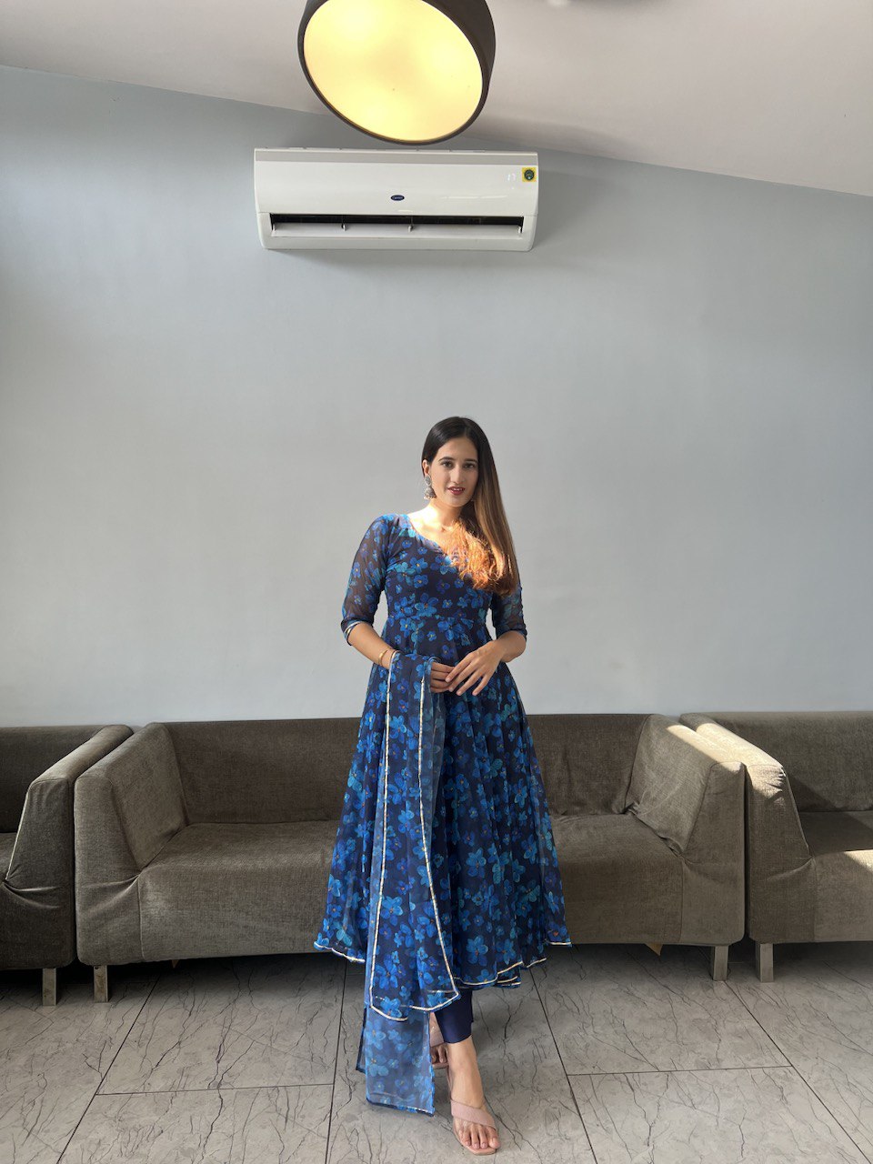 Gorgeous Blue Georgette Silk Floral Anarkali Pant Suit - INDIAN ELEGANCE