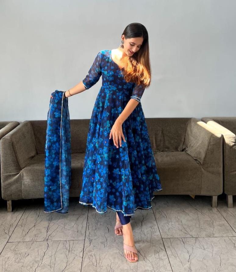 Gorgeous Blue Georgette Silk Floral Anarkali Pant Suit - INDIAN ELEGANCE