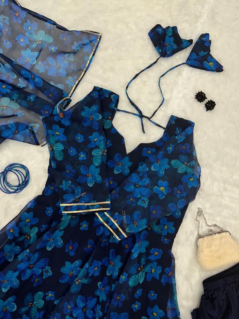 Gorgeous Blue Georgette Silk Floral Anarkali Pant Suit - INDIAN ELEGANCE