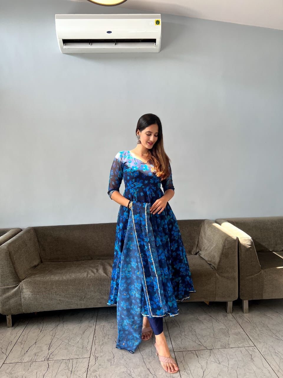 Gorgeous Blue Georgette Silk Floral Anarkali Pant Suit - INDIAN ELEGANCE