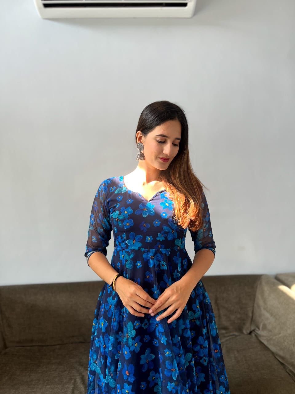 Gorgeous Blue Georgette Silk Floral Anarkali Pant Suit - INDIAN ELEGANCE