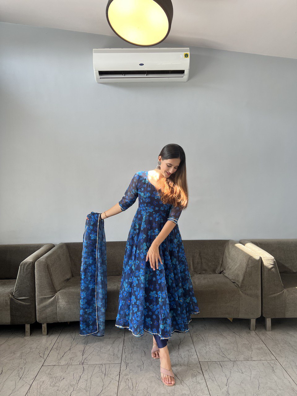 Gorgeous Blue Georgette Silk Floral Anarkali Pant Suit - INDIAN ELEGANCE