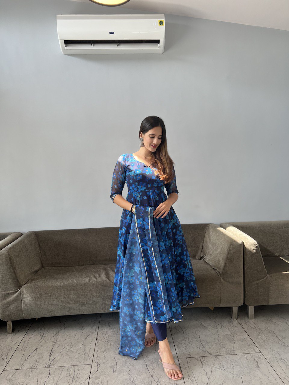 Gorgeous Blue Georgette Silk Floral Anarkali Pant Suit - INDIAN ELEGANCE