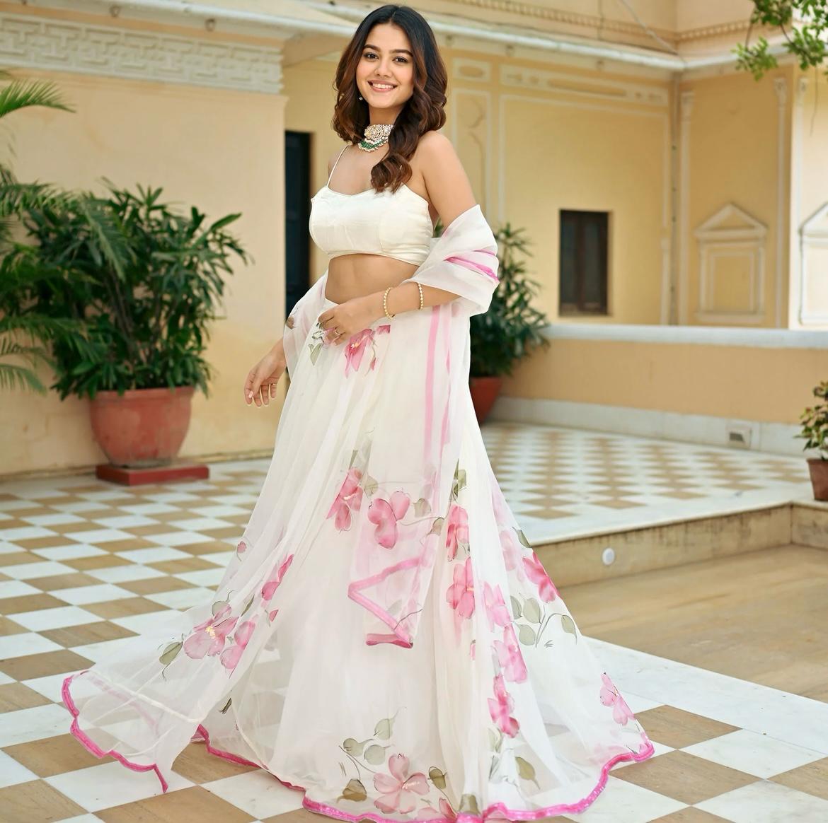 Resplendent Pure Satin Silk Floral Designer Lehenga Choli Set - INDIAN ELEGANCE