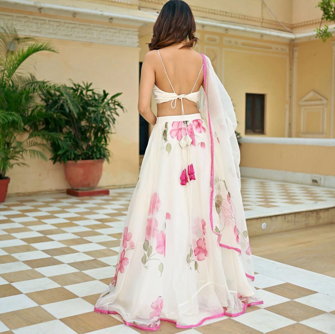 Resplendent Pure Satin Silk Floral Designer Lehenga Choli Set - INDIAN ELEGANCE