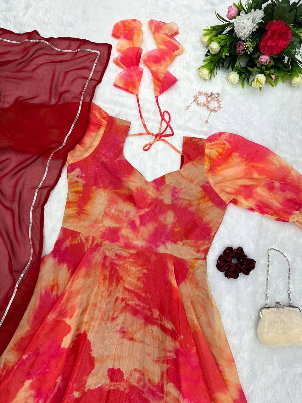 Captivating Orange Organza Silk Digital Printed Fully Stitched Gown With Dupatta - INDIAN ELEGANCE