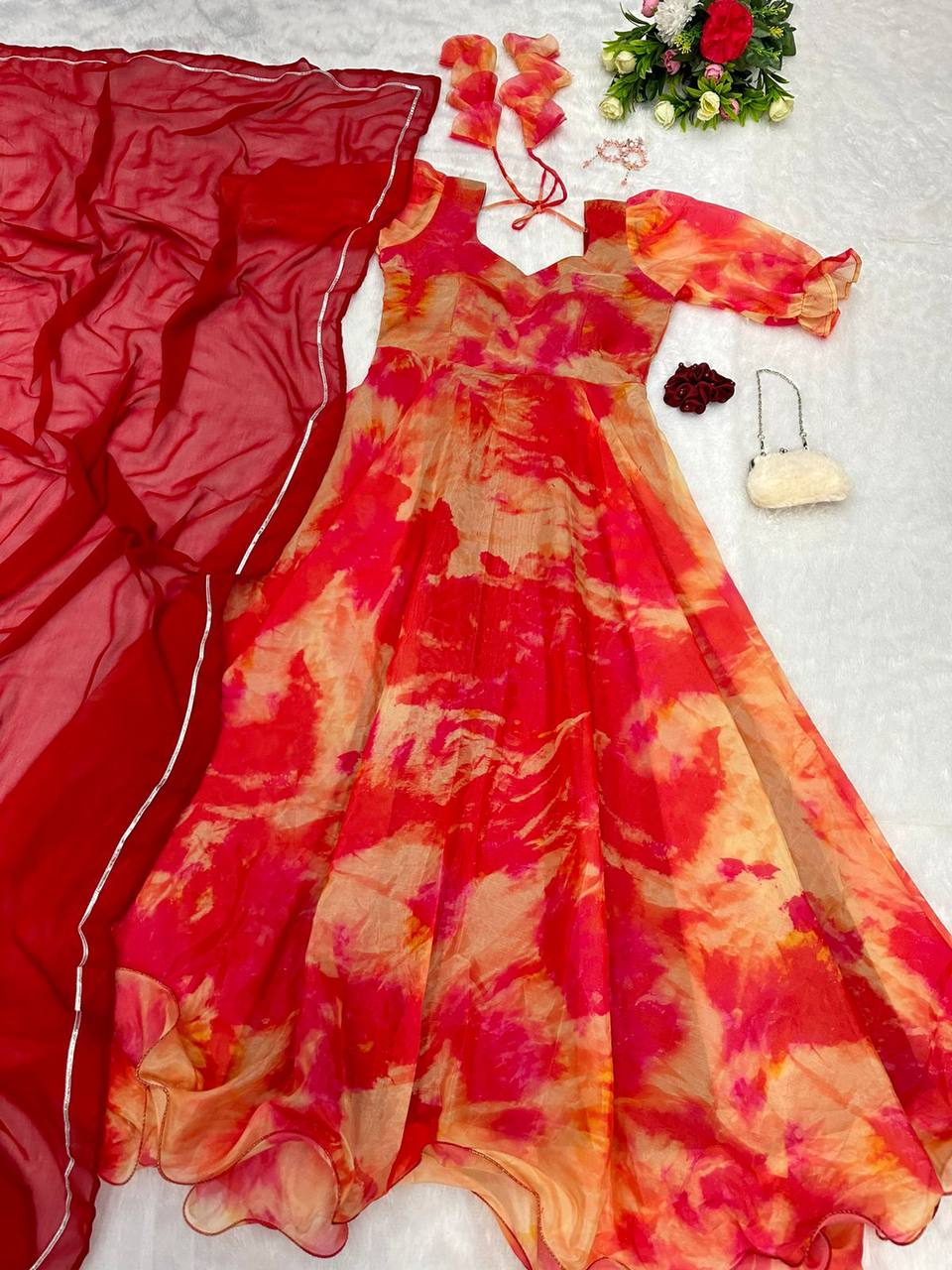 Captivating Orange Organza Silk Digital Printed Fully Stitched Gown With Dupatta - INDIAN ELEGANCE
