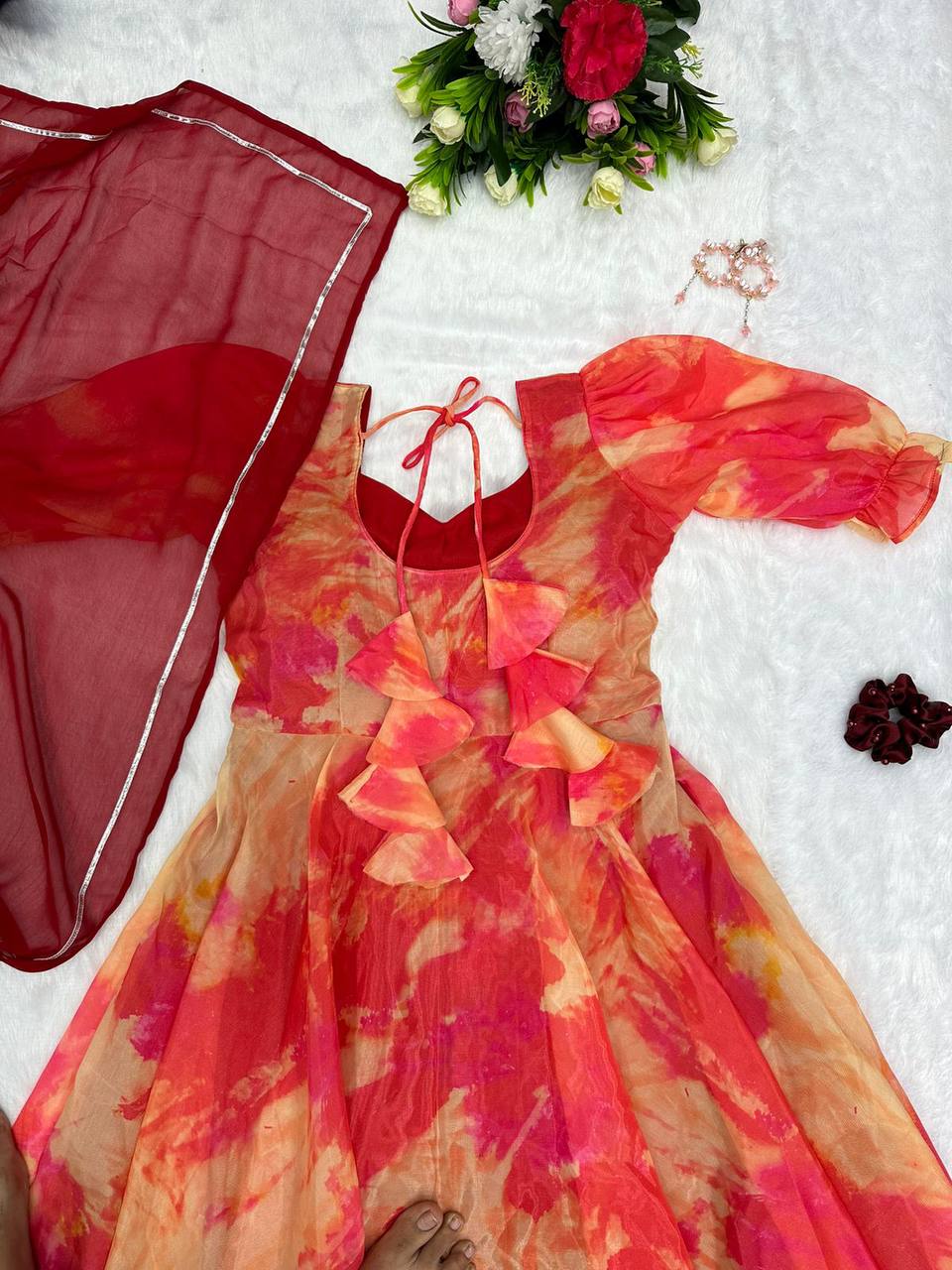 Captivating Orange Organza Silk Digital Printed Fully Stitched Gown With Dupatta - INDIAN ELEGANCE