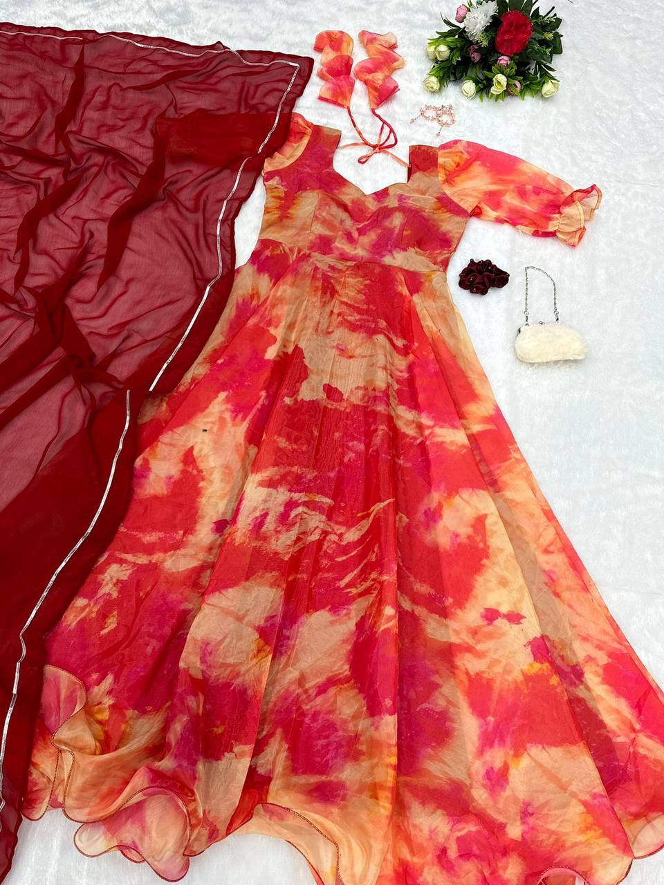 Captivating Orange Organza Silk Digital Printed Fully Stitched Gown With Dupatta - INDIAN ELEGANCE