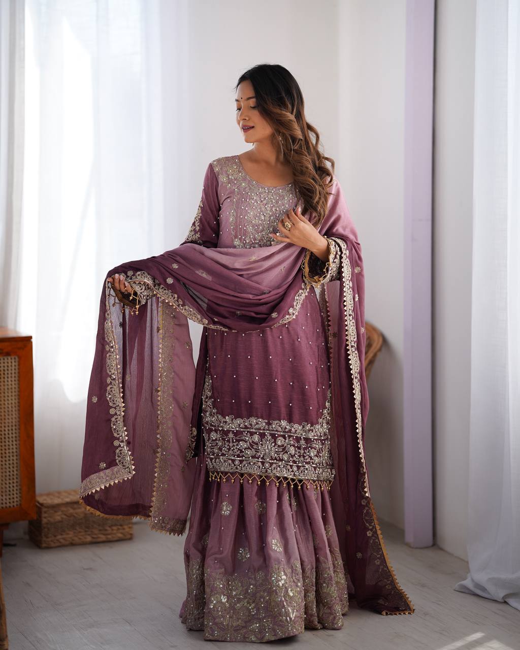 Elegant Chinon Silk Cording Sequins Pearl Worked Top Palazzo Set