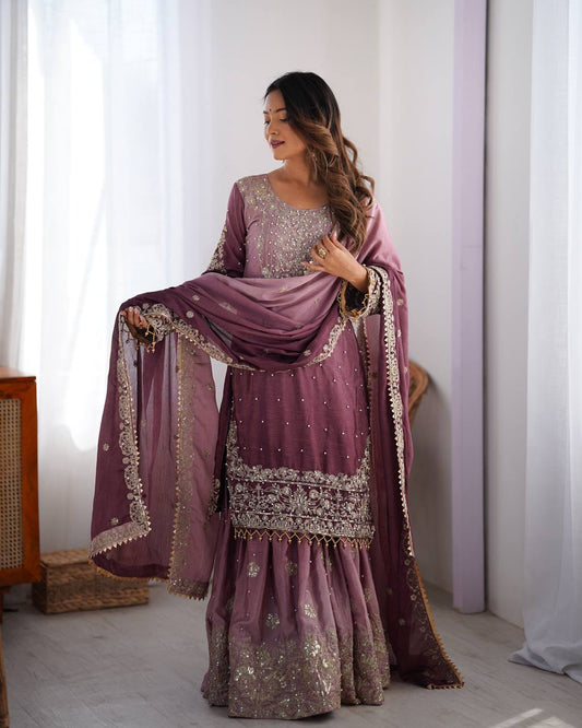 Elegant Chinon Silk Cording Sequins Pearl Worked Top Palazzo Set