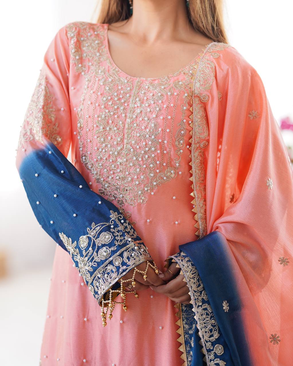 Elegant Chinon Silk Cording Sequins Pearl Worked Top Palazzo Set