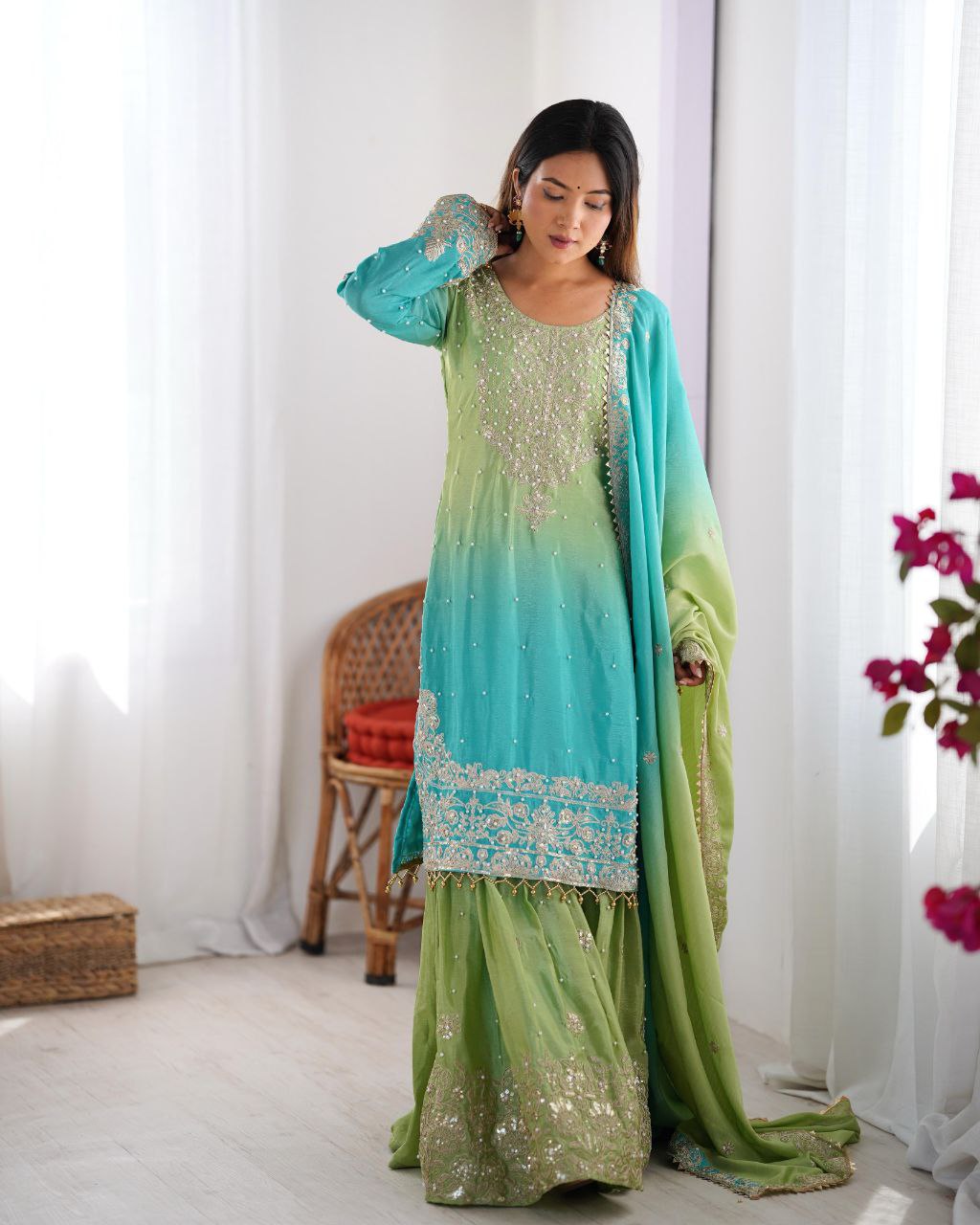 Elegant Chinon Silk Cording Sequins Pearl Worked Top Palazzo Set