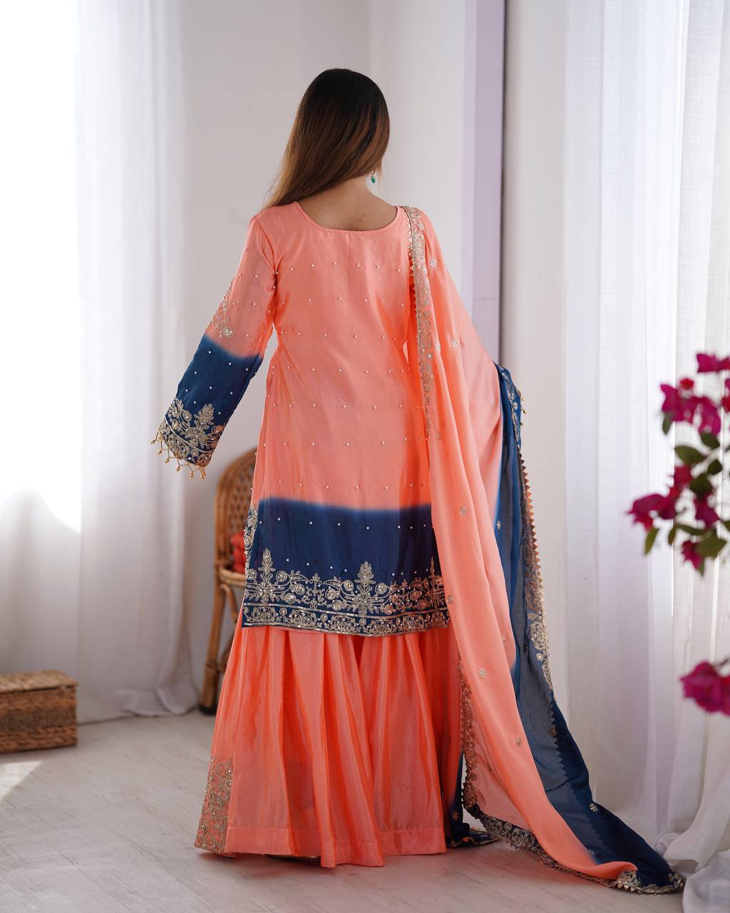 Elegant Chinon Silk Cording Sequins Pearl Worked Top Palazzo Set