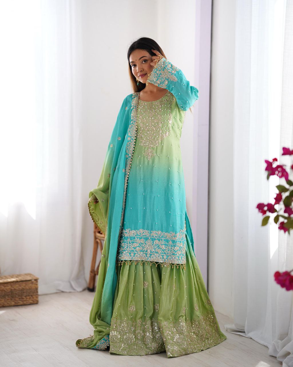 Elegant Chinon Silk Cording Sequins Pearl Worked Top Palazzo Set