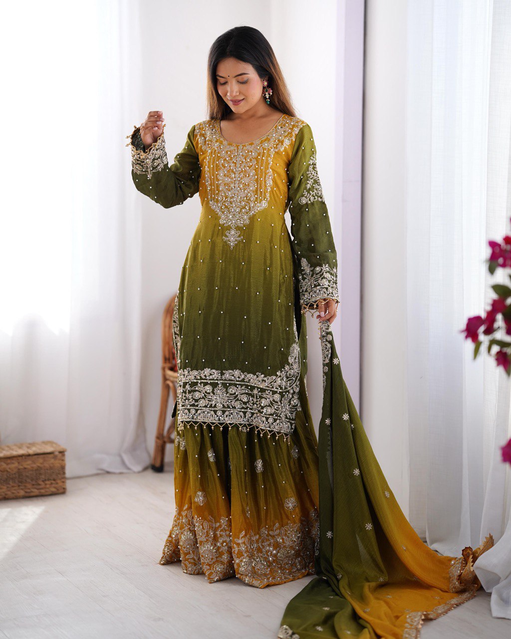 Elegant Chinon Silk Cording Sequins Pearl Worked Top Palazzo Set