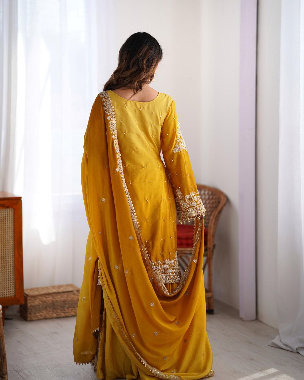 Elegant Chinon Silk Cording Sequins Pearl Worked Top Palazzo Set