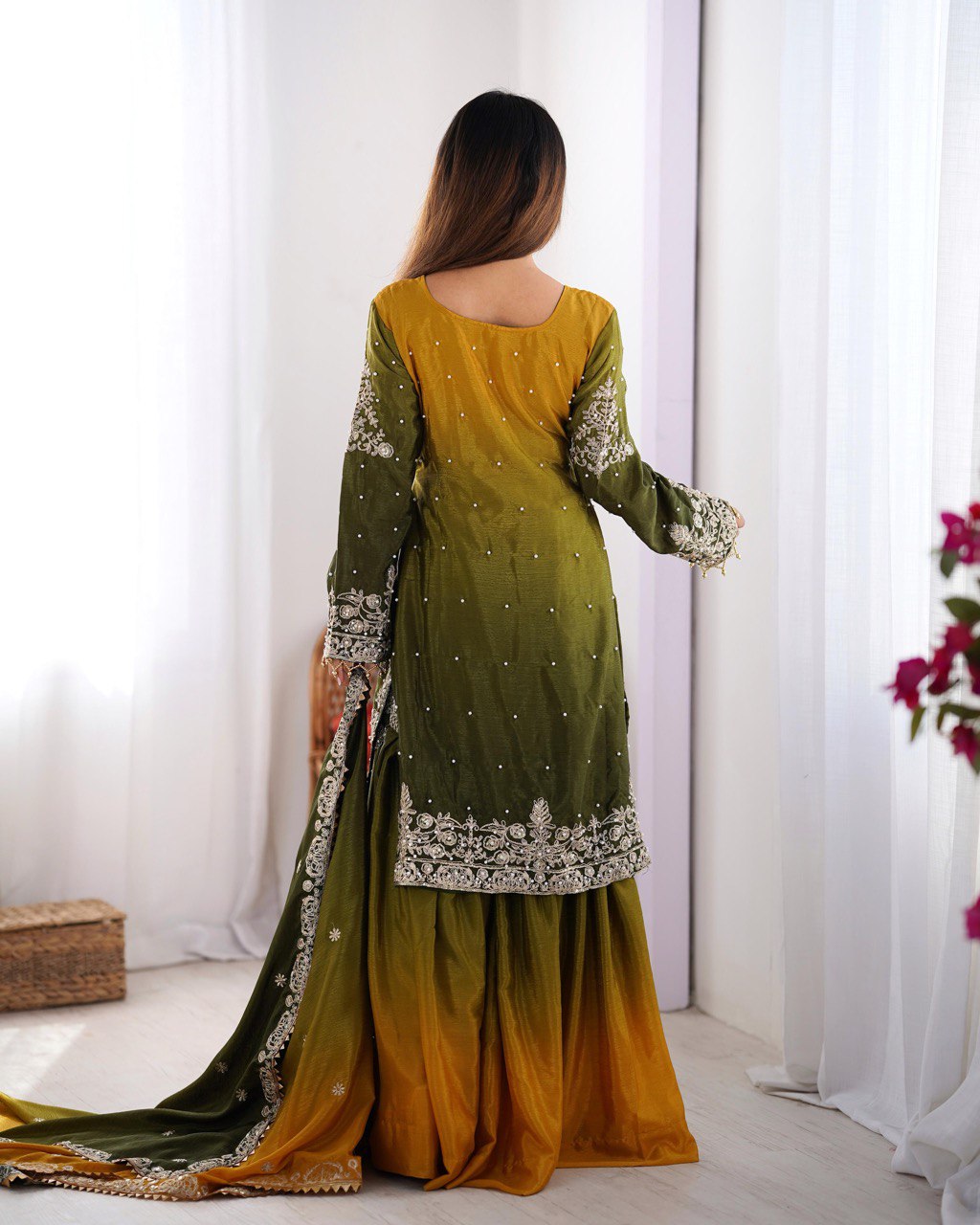 Elegant Chinon Silk Cording Sequins Pearl Worked Top Palazzo Set