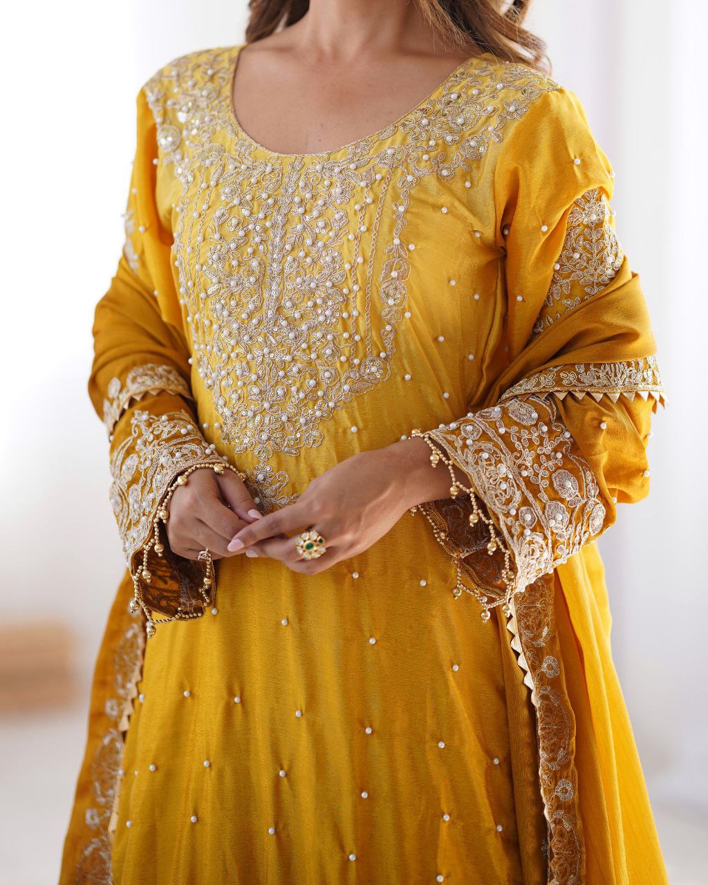 Elegant Chinon Silk Cording Sequins Pearl Worked Top Palazzo Set