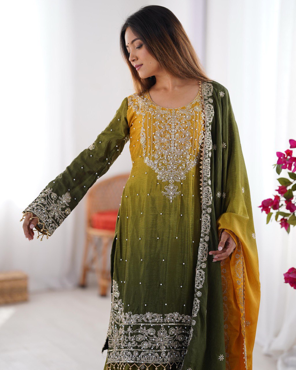 Elegant Chinon Silk Cording Sequins Pearl Worked Top Palazzo Set