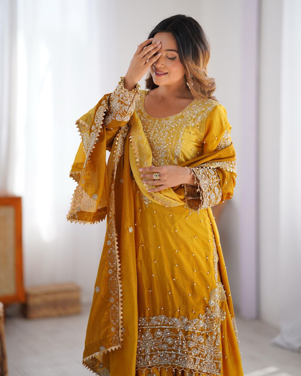 Elegant Chinon Silk Cording Sequins Pearl Worked Top Palazzo Set