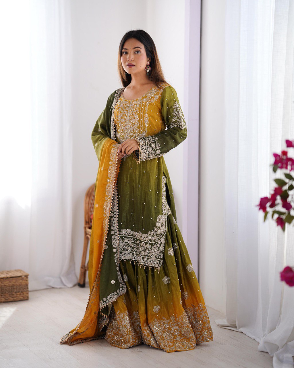 Elegant Chinon Silk Cording Sequins Pearl Worked Top Palazzo Set