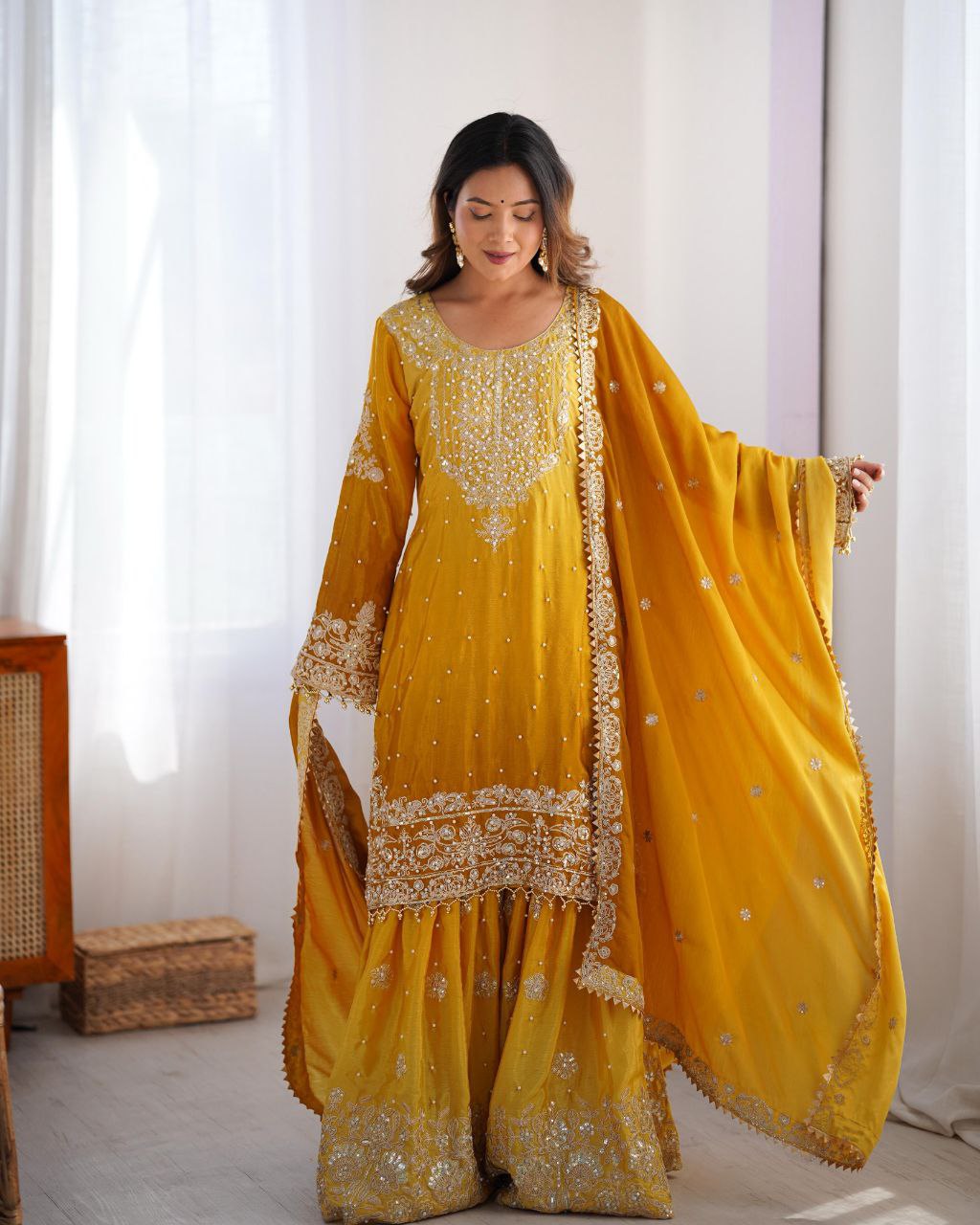 Elegant Chinon Silk Cording Sequins Pearl Worked Top Palazzo Set