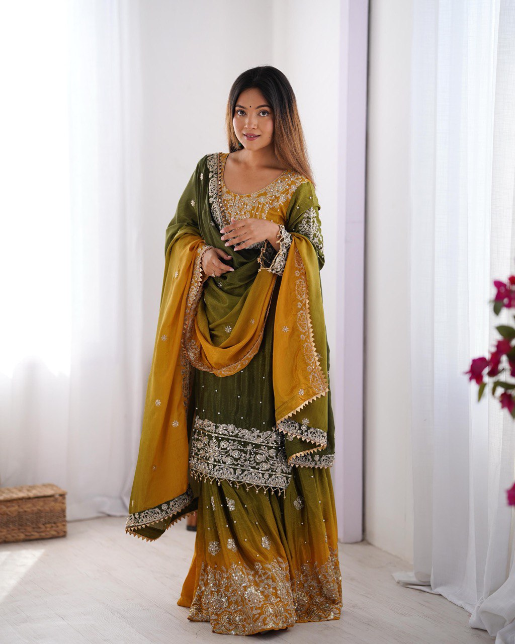 Elegant Chinon Silk Cording Sequins Pearl Worked Top Palazzo Set