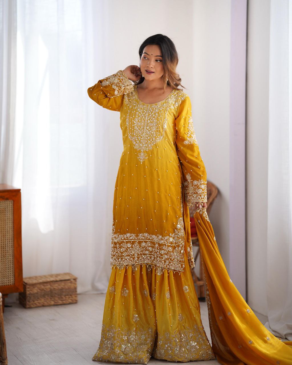 Elegant Chinon Silk Cording Sequins Pearl Worked Top Palazzo Set