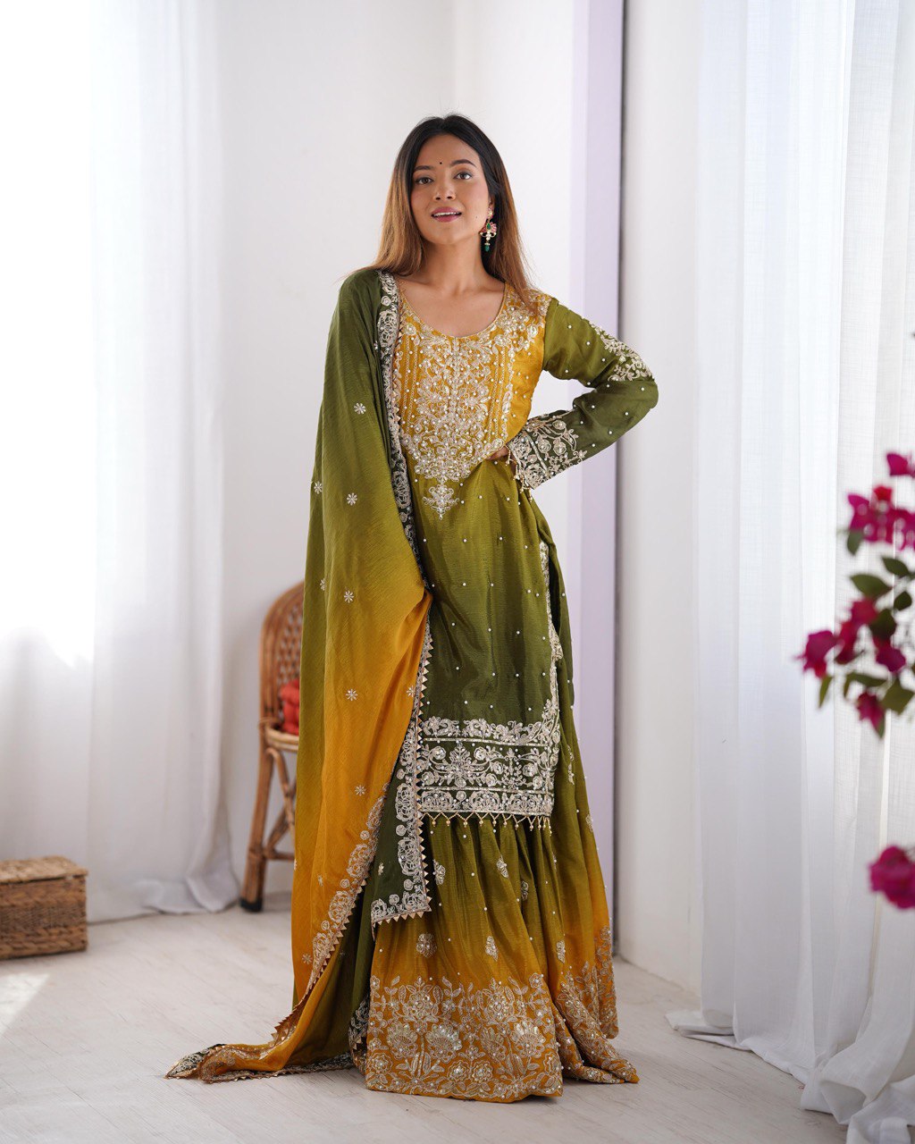 Elegant Chinon Silk Cording Sequins Pearl Worked Top Palazzo Set