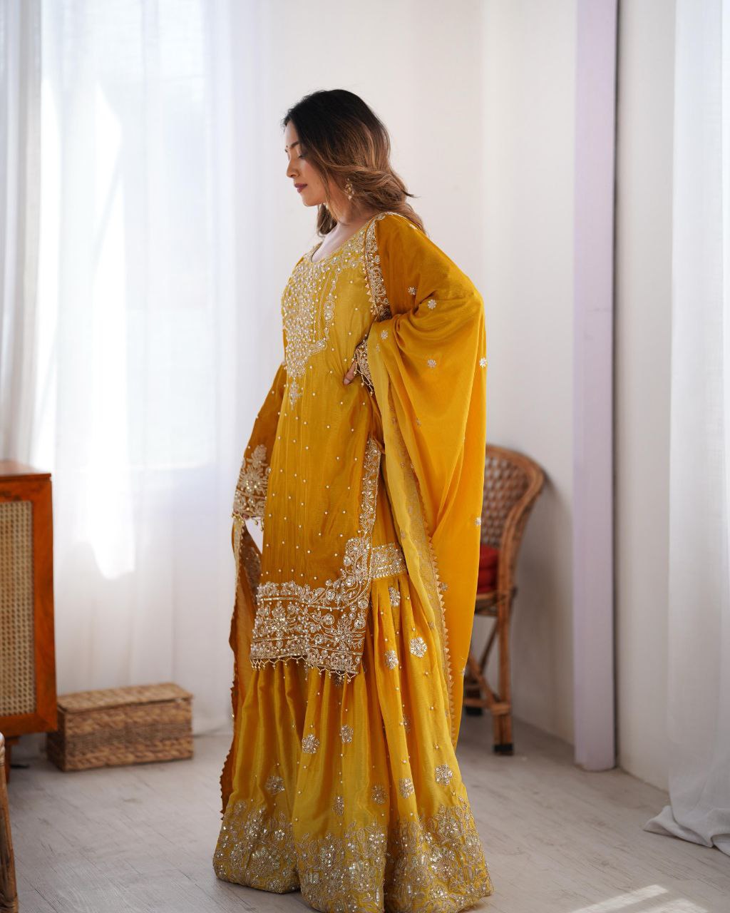 Elegant Chinon Silk Cording Sequins Pearl Worked Top Palazzo Set