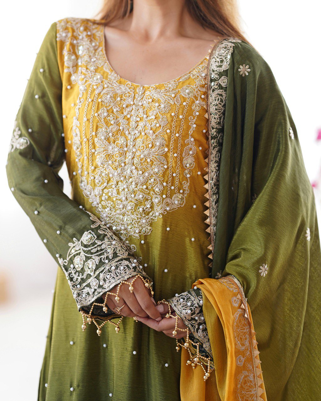 Elegant Chinon Silk Cording Sequins Pearl Worked Top Palazzo Set