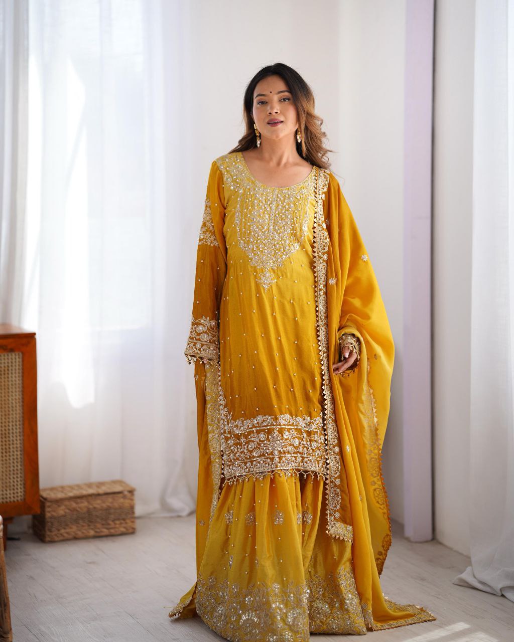 Elegant Chinon Silk Cording Sequins Pearl Worked Top Palazzo Set
