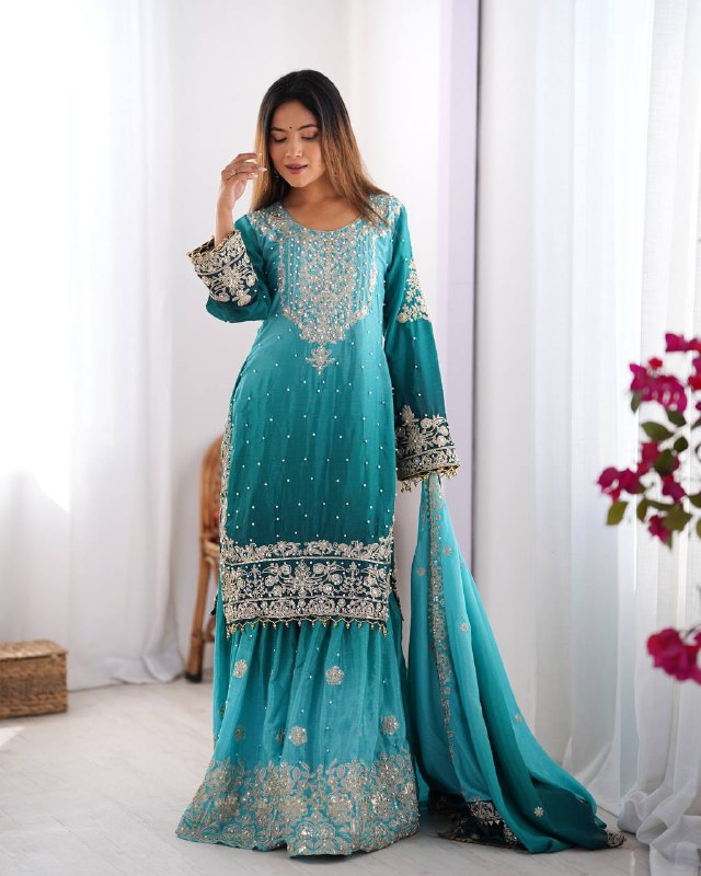 Elegant Chinon Silk Cording Sequins Pearl Worked Top Palazzo Set