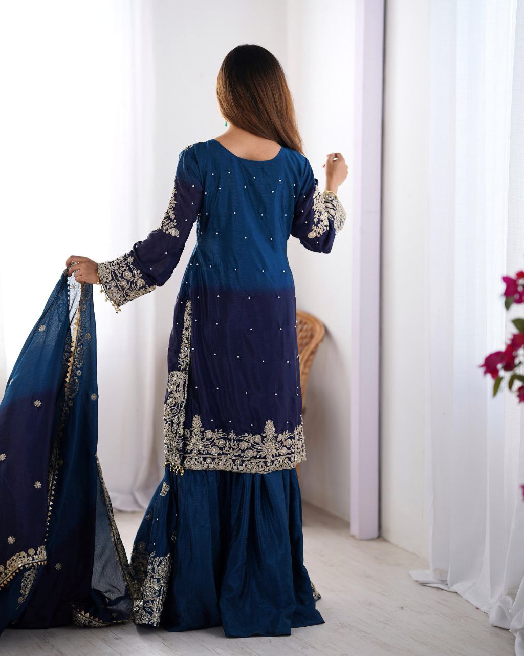 Elegant Chinon Silk Cording Sequins Pearl Worked Top Palazzo Set