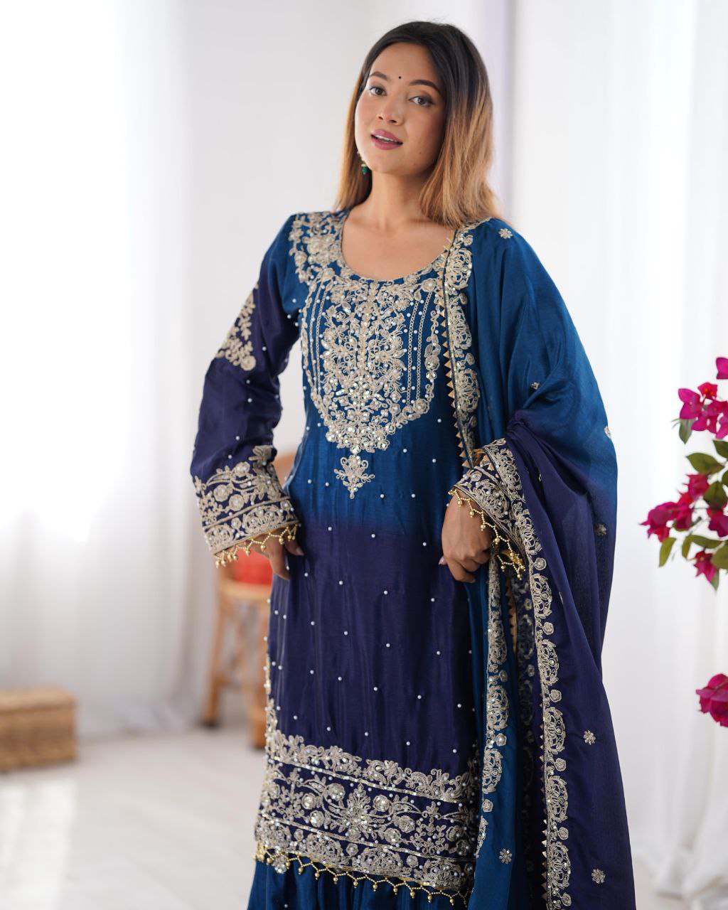 Elegant Chinon Silk Cording Sequins Pearl Worked Top Palazzo Set