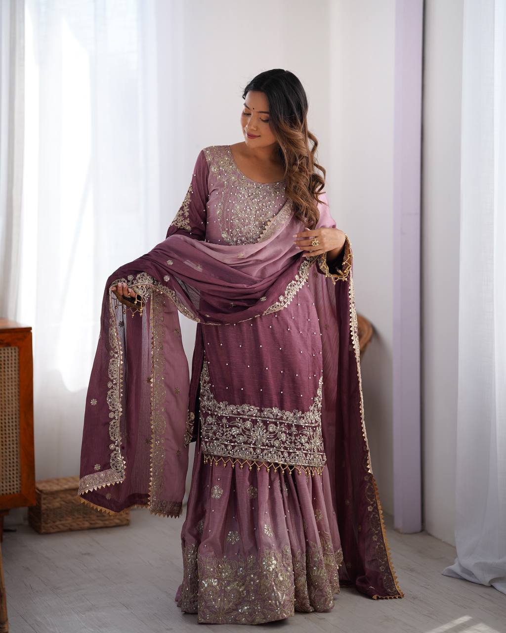 Elegant Chinon Silk Cording Sequins Pearl Worked Top Palazzo Set