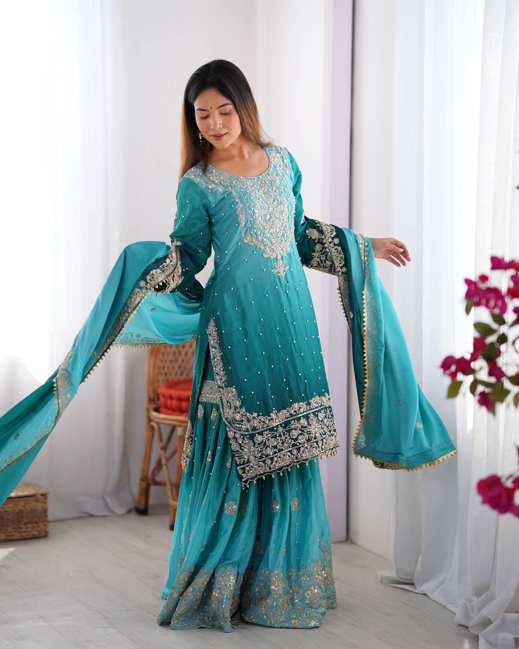 Elegant Chinon Silk Cording Sequins Pearl Worked Top Palazzo Set