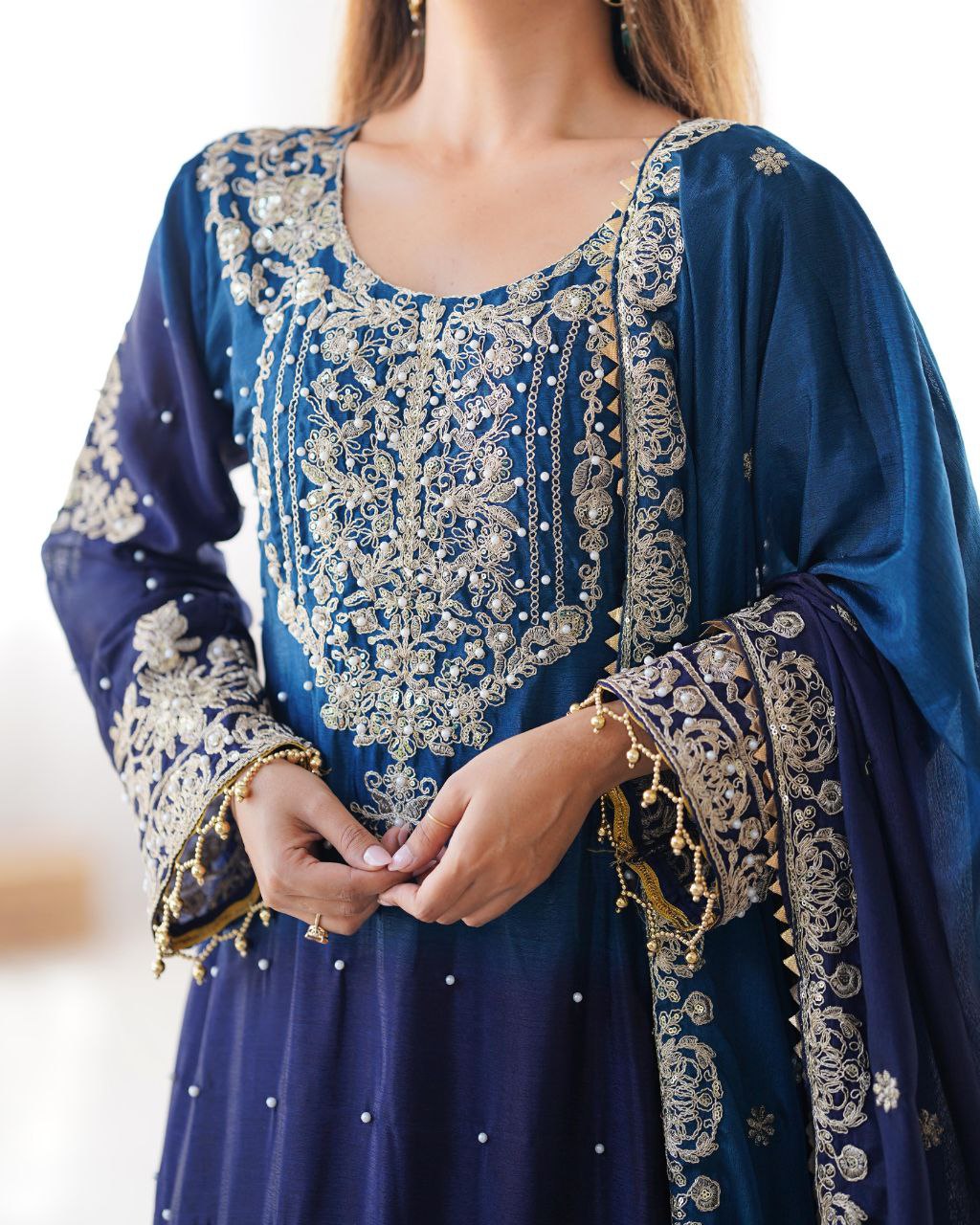 Elegant Chinon Silk Cording Sequins Pearl Worked Top Palazzo Set