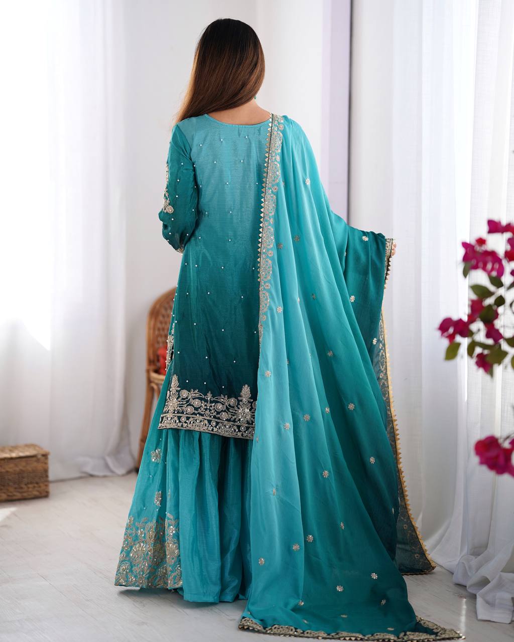 Elegant Chinon Silk Cording Sequins Pearl Worked Top Palazzo Set