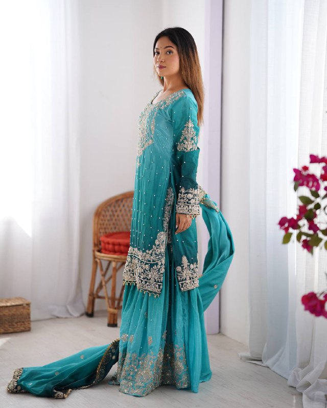 Elegant Chinon Silk Cording Sequins Pearl Worked Top Palazzo Set