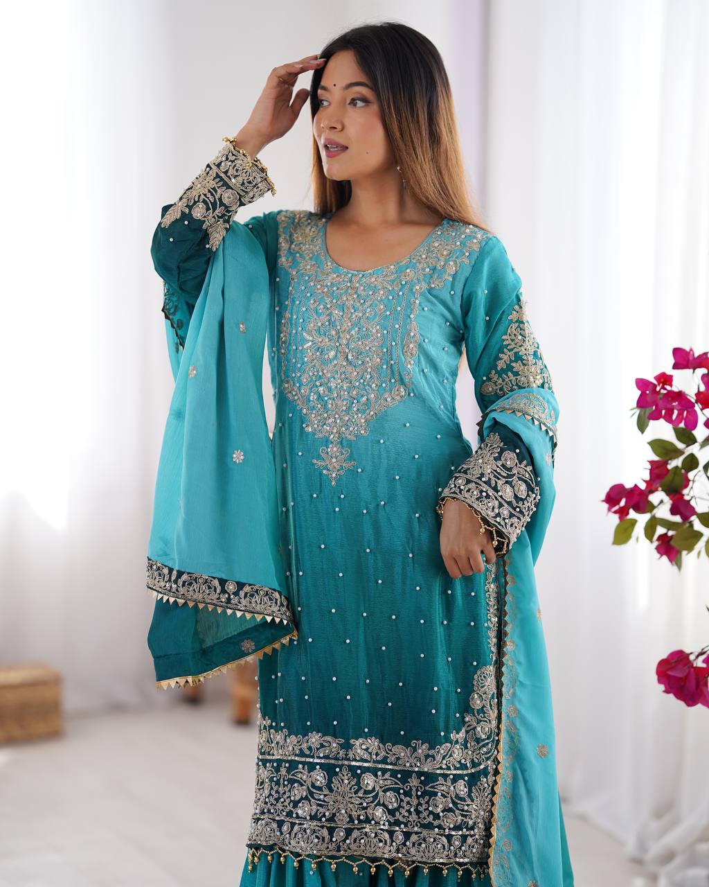 Elegant Chinon Silk Cording Sequins Pearl Worked Top Palazzo Set